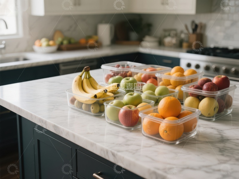 高清大图下载【趣麦麦图】厨房台面上整齐摆放的水果保鲜盒