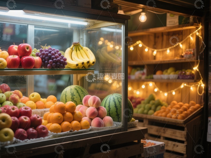 高清大图下载【趣麦麦图】新鲜水果展示柜，温馨灯光点缀