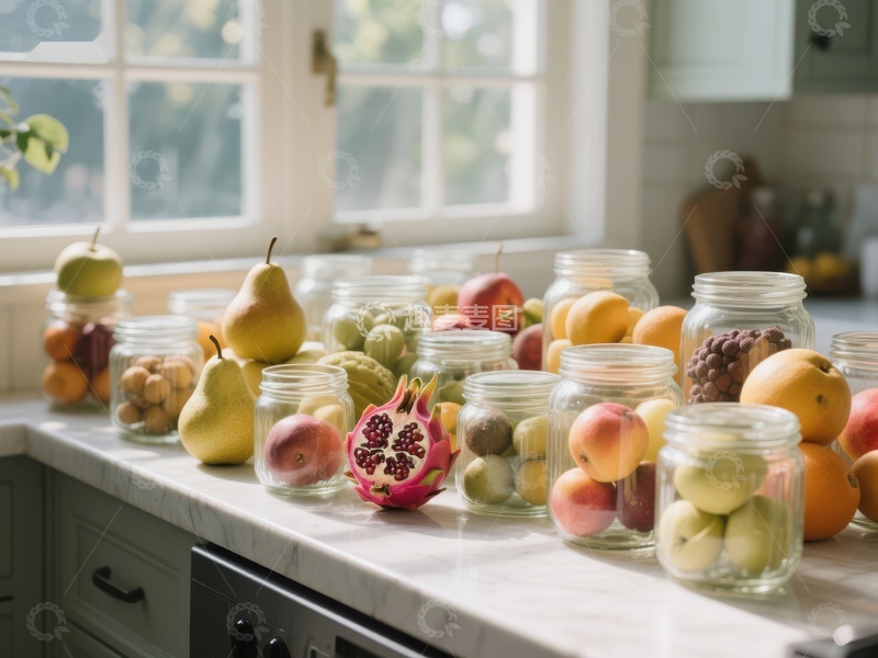 高清大图下载【趣麦麦图】厨房台面上的玻璃罐装水果