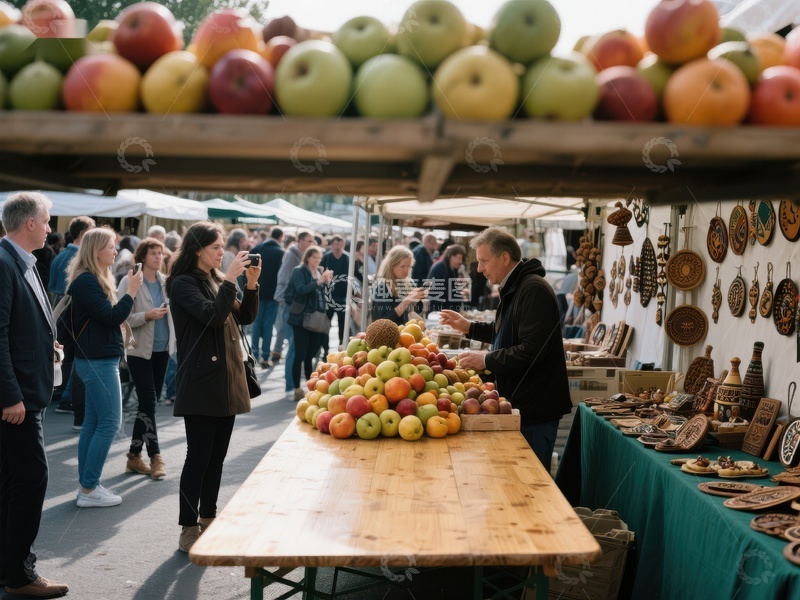 市场摊位展示新鲜水果与手工艺品