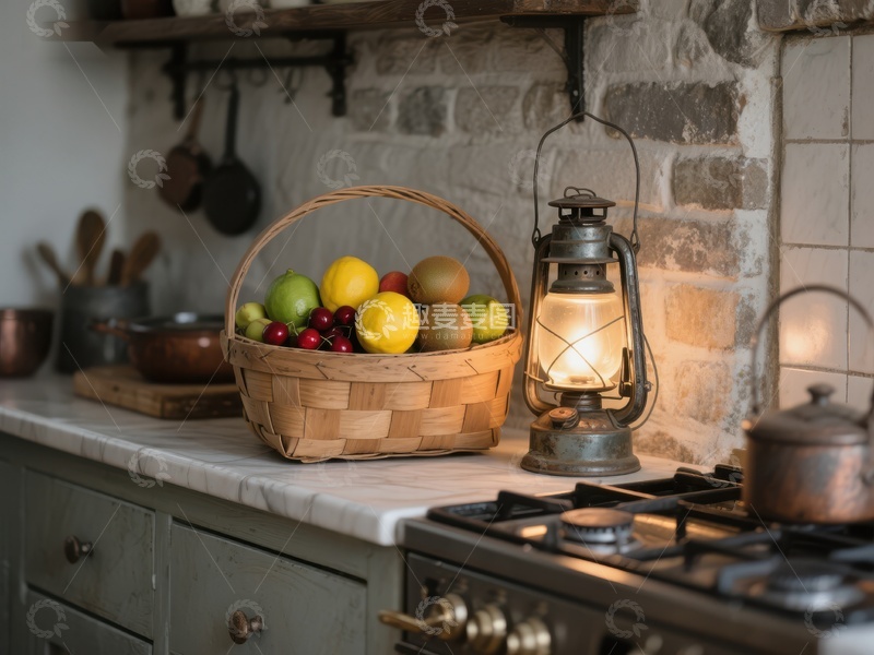 高清大图下载【趣麦麦图】厨房台面上的水果篮与复古灯笼