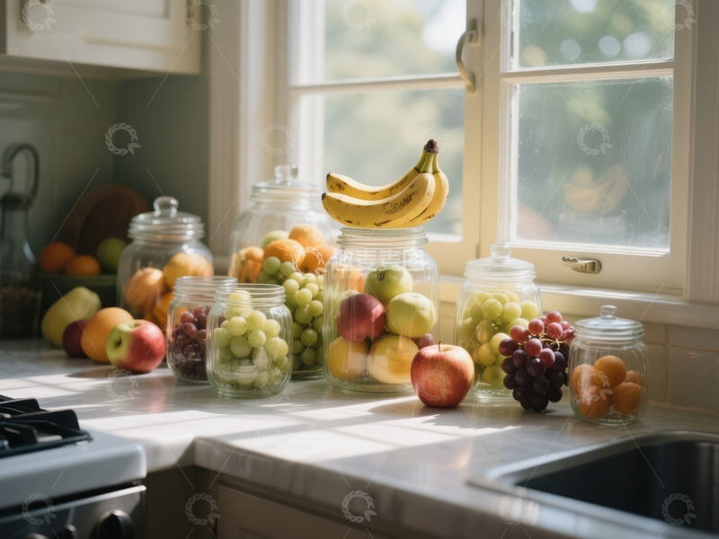 高清大图下载【趣麦麦图】窗台上的新鲜水果与罐装食品