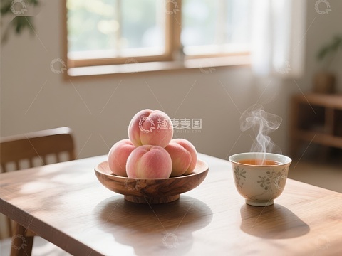 桃子与热茶的温馨桌面