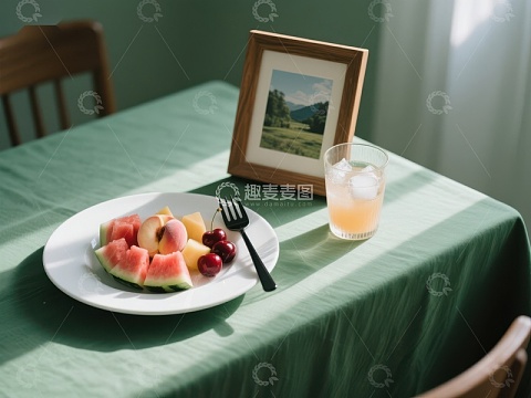 绿桌上的水果盘与饮品