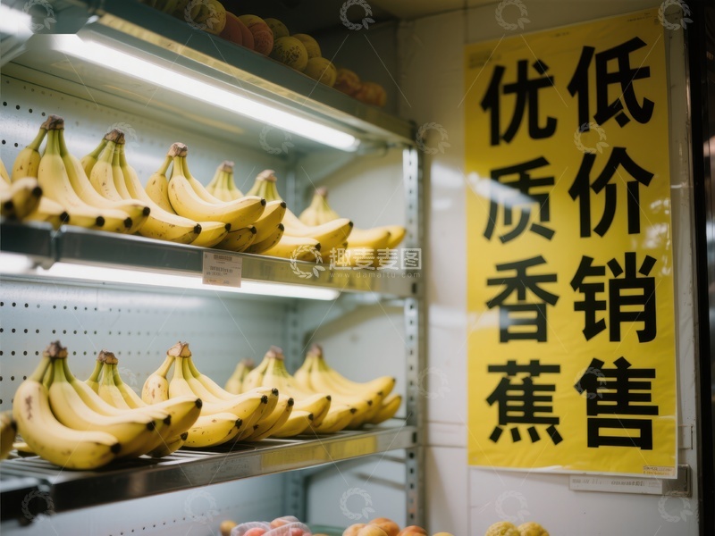 高清大图下载【趣麦麦图】超市货架上的香蕉与低价促销标识