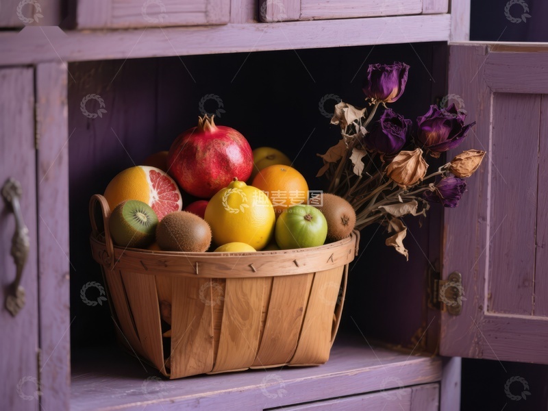 高清大图下载【趣麦麦图】篮中水果与干花的静谧组合