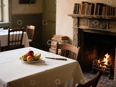 温馨书房内的餐桌与壁炉