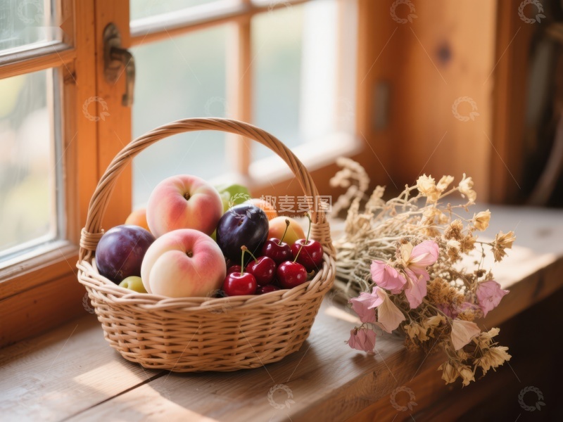 高清大图下载【趣麦麦图】窗边果篮与干花