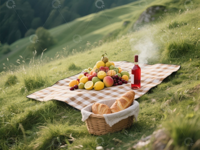 高清大图下载【趣麦麦图】山间草地上的野餐布与水果篮