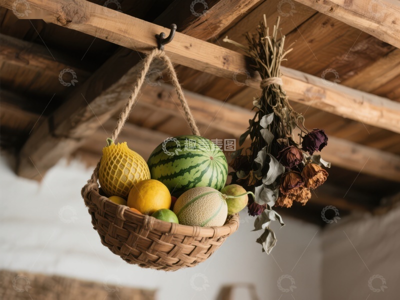 高清大图下载【趣麦麦图】悬挂篮中的水果与干花