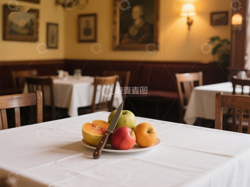 高清大图下载【趣麦麦图】餐厅餐桌上的水果与刀具
