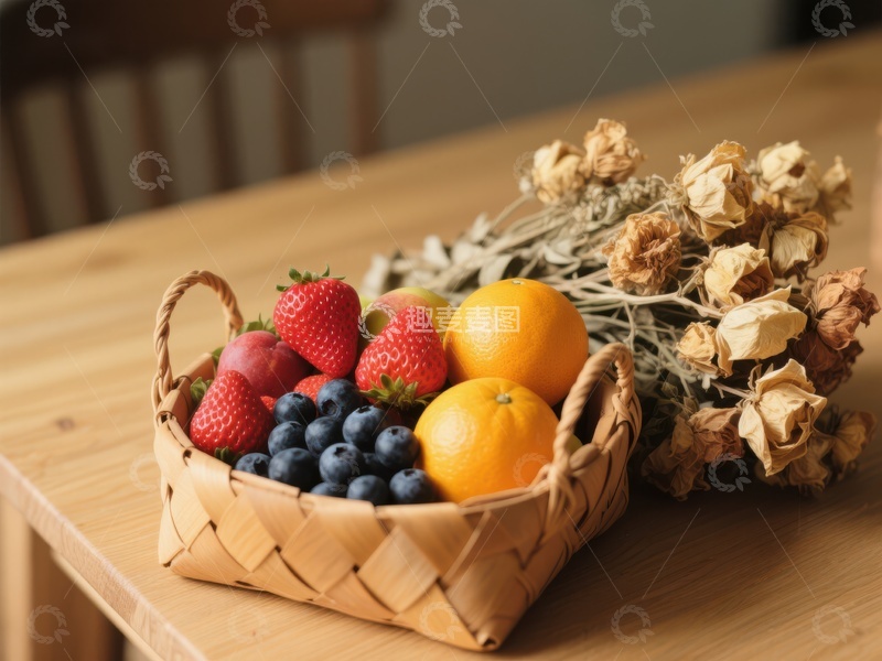 高清大图下载【趣麦麦图】水果篮与干花的静物组合