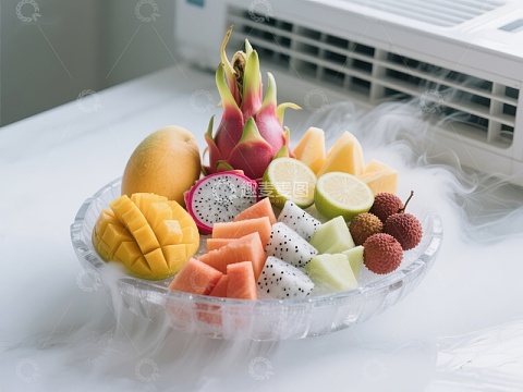 冰雾环绕的热带水果拼盘