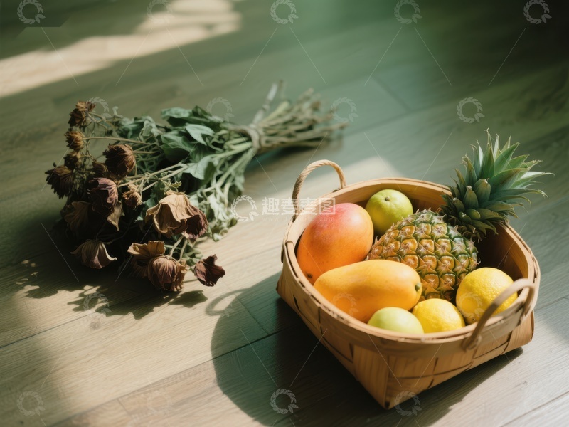高清大图下载【趣麦麦图】阳光下的水果篮与干花