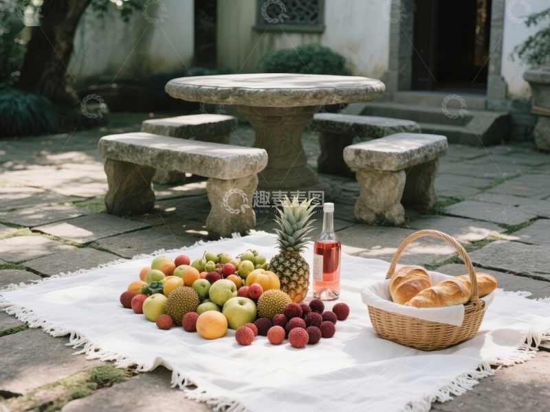 高清大图下载【趣麦麦图】庭院石桌旁的水果野餐