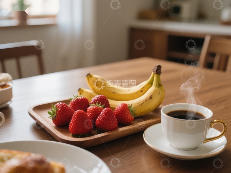高清大图下载【趣麦麦图】早餐桌上的草莓香蕉与热咖啡