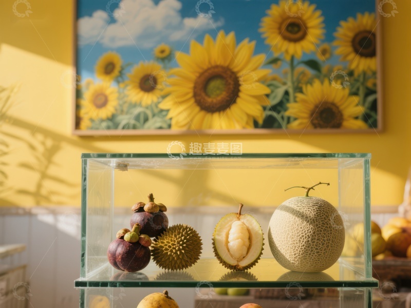 高清大图下载【趣麦麦图】玻璃盒中的热带水果与向日葵画作