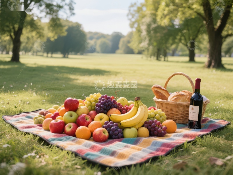高清大图下载【趣麦麦图】公园野餐布上的水果与面包
