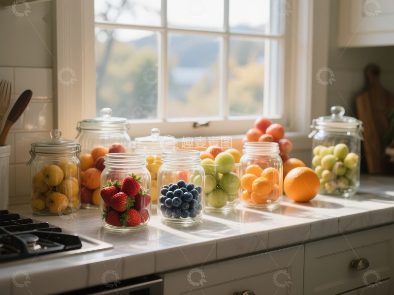高清大图下载【趣麦麦图】厨房窗台上的玻璃罐装水果