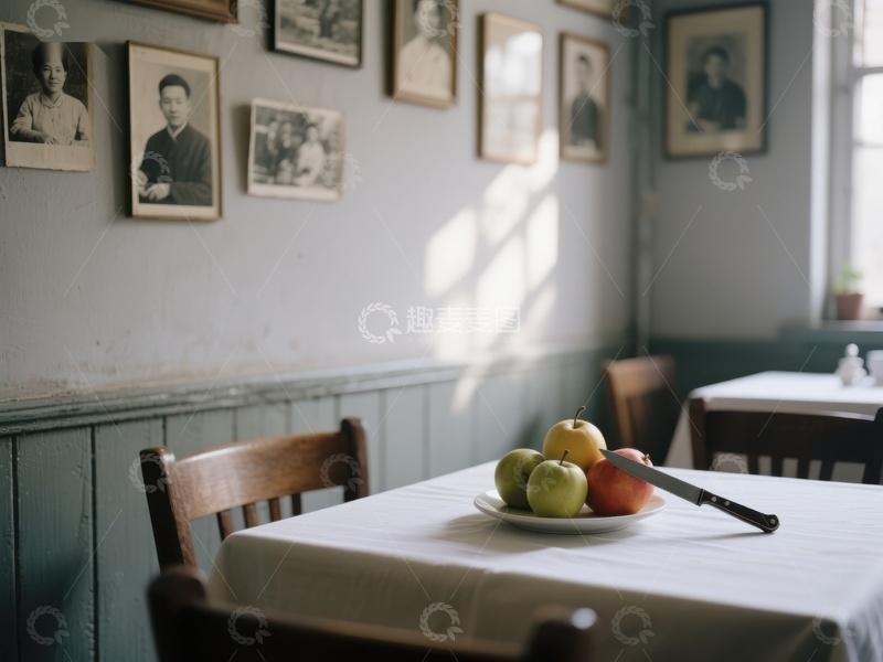 餐桌上的苹果与老照片墙