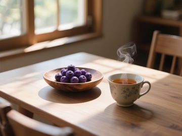 热茶与紫果的静谧时光