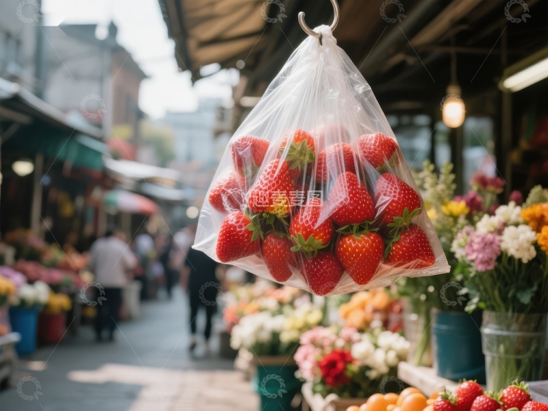 市场摊位上悬挂的新鲜草莓