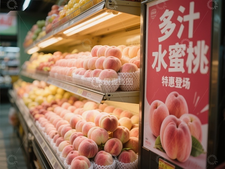 超市水果区展示多汁水蜜桃
