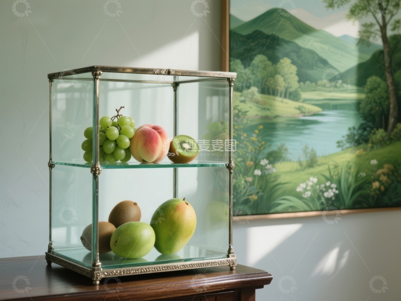 高清大图下载【趣麦麦图】玻璃柜中的水果与背景风景画