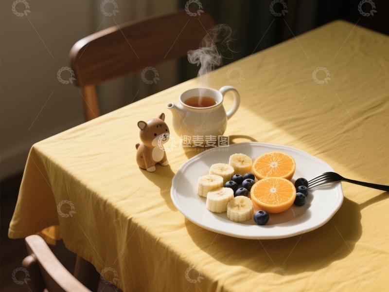 高清大图下载【趣麦麦图】温馨早餐：水果拼盘与热茶