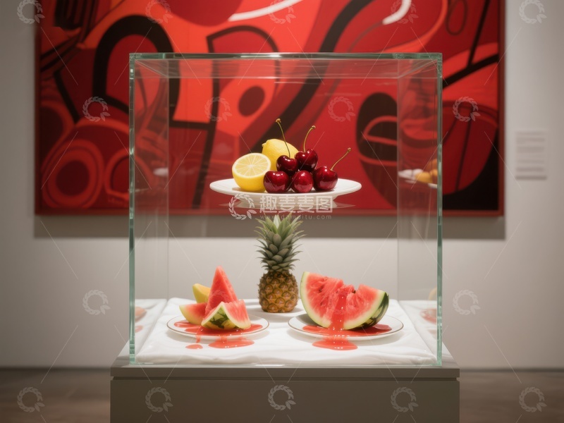 高清大图下载【趣麦麦图】水果展示柜与抽象画背景