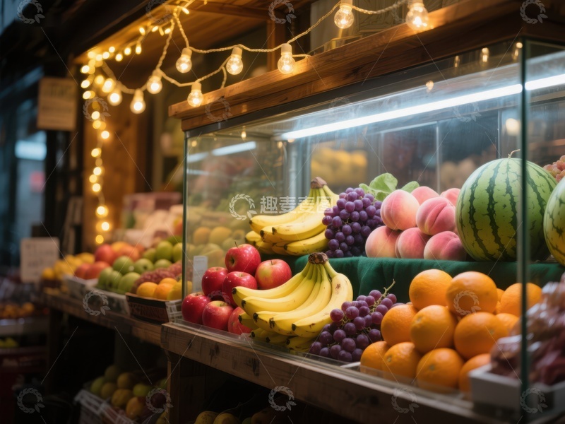 高清大图下载【趣麦麦图】水果摊位灯光璀璨展示新鲜果蔬