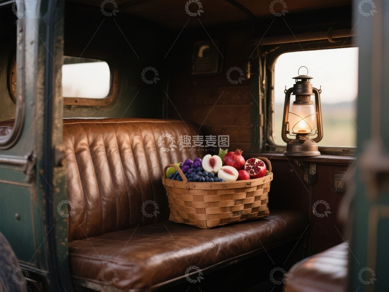 高清大图下载【趣麦麦图】复古车厢内水果篮与暖灯