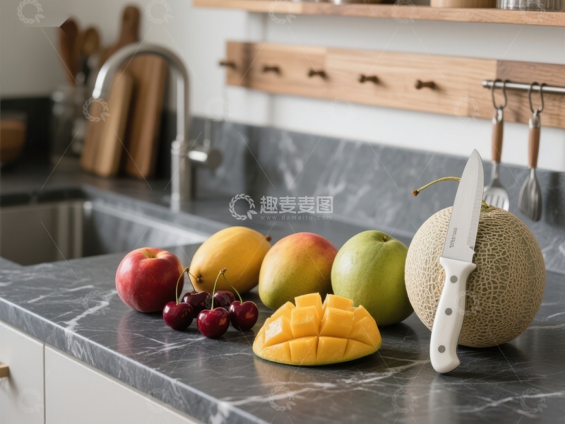 高清大图下载【趣麦麦图】厨房台面上的新鲜水果与刀具