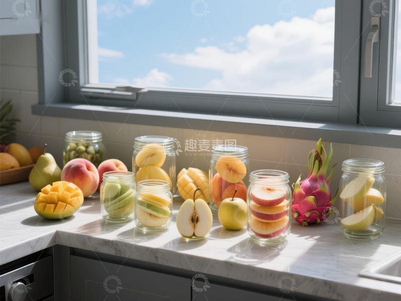 高清大图下载【趣麦麦图】厨房窗台上的新鲜水果与罐装切片