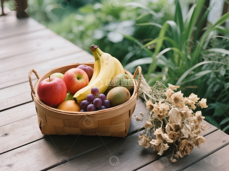 高清大图下载【趣麦麦图】篮子里的水果与干花