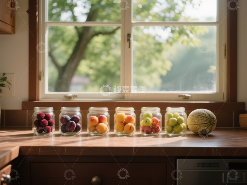 高清大图下载【趣麦麦图】窗边的水果罐头与瓜果