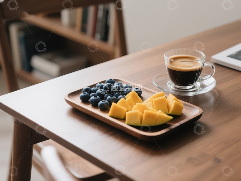 高清大图下载【趣麦麦图】木桌上的水果拼盘与咖啡
