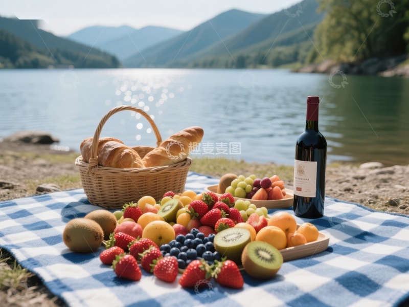 高清大图下载【趣麦麦图】湖畔野餐：水果面包与美酒