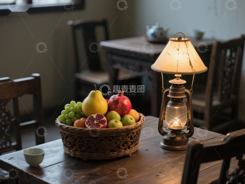 高清大图下载【趣麦麦图】复古台灯旁的水果篮