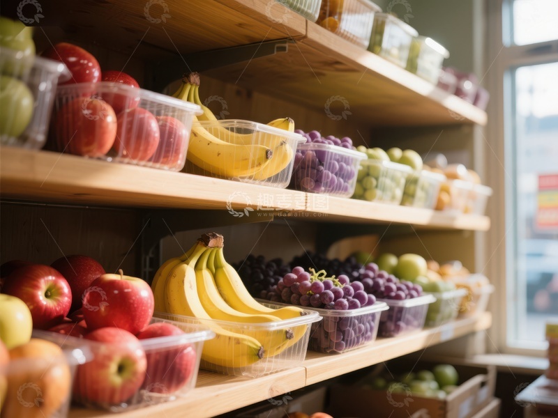 高清大图下载【趣麦麦图】新鲜水果陈列在木质货架上
