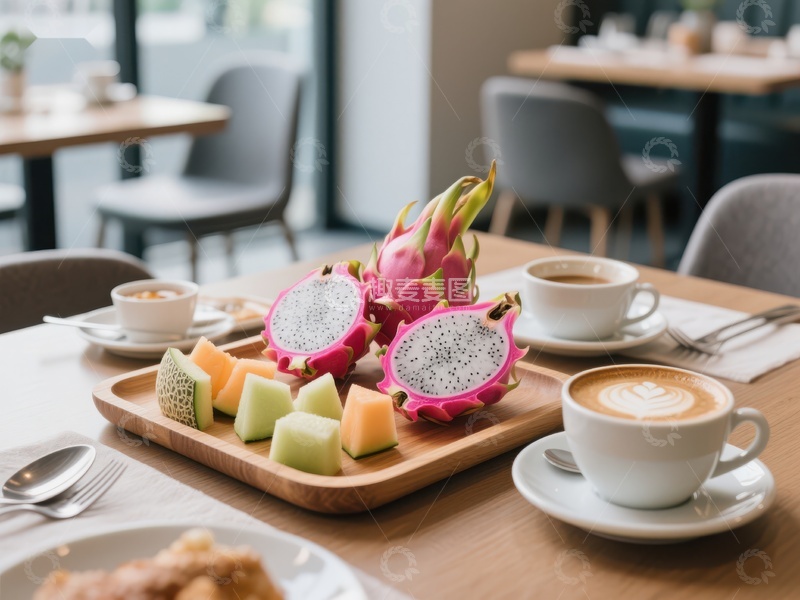 高清大图下载【趣麦麦图】精致早餐：火龙果与咖啡的完美搭配