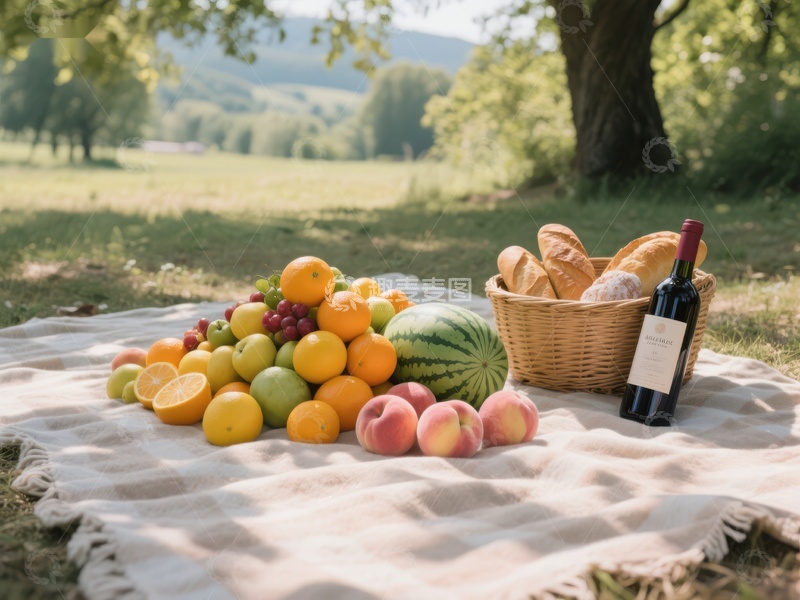 高清大图下载【趣麦麦图】户外野餐布上的水果、面包和红酒