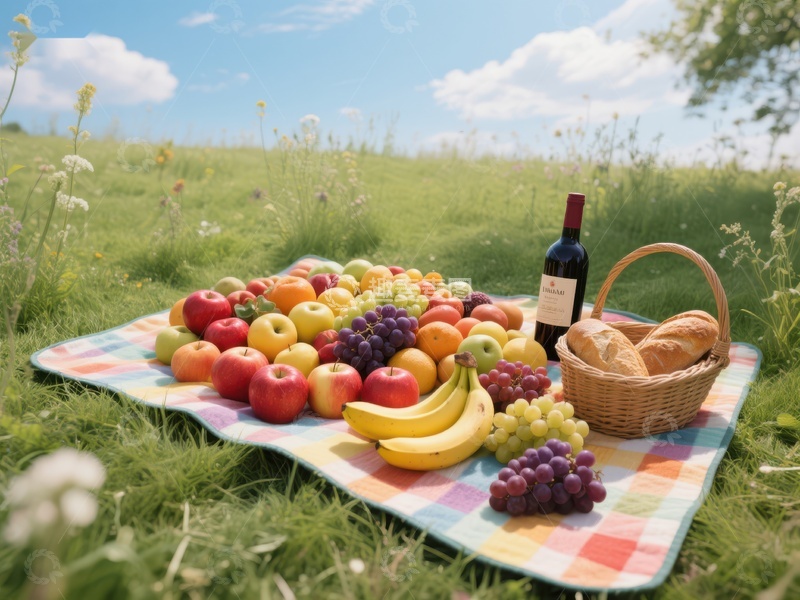 高清大图下载【趣麦麦图】野餐布上的水果、面包和红酒