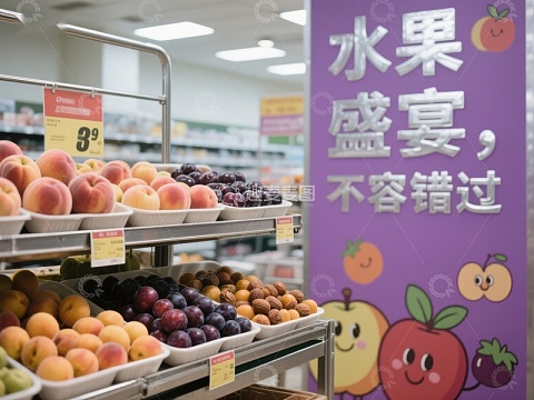 超市水果区展示，紫色广告牌吸引顾客