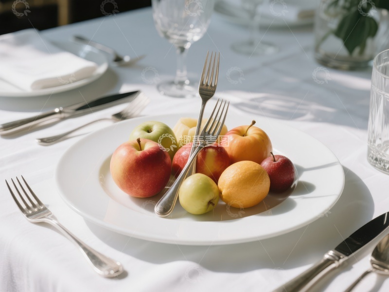 高清大图下载【趣麦麦图】餐桌上的水果盘与餐具