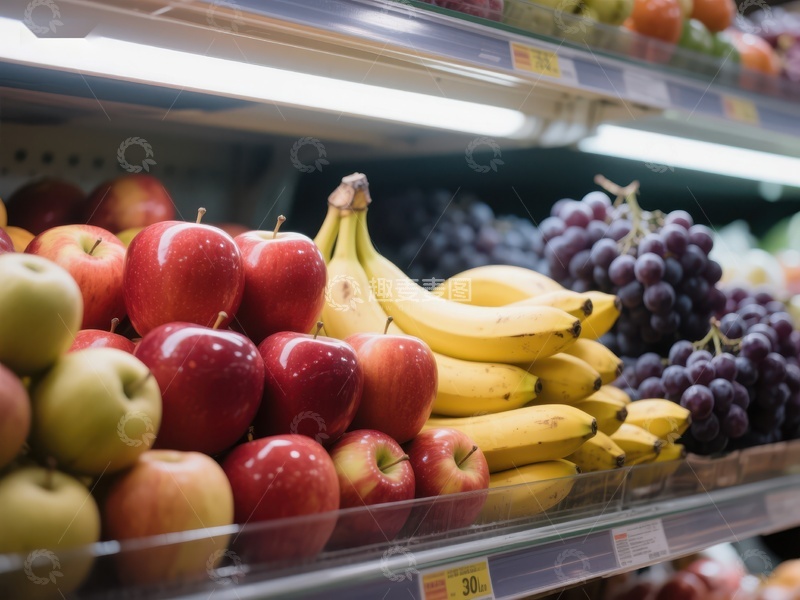 高清大图下载【趣麦麦图】超市水果陈列：苹果、香蕉与葡萄