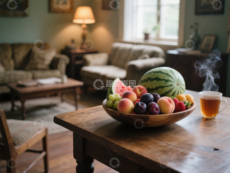 高清大图下载【趣麦麦图】客厅茶几上的水果与热饮