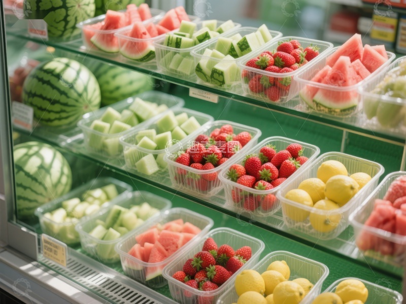 高清大图下载【趣麦麦图】新鲜水果切块陈列在超市货架上