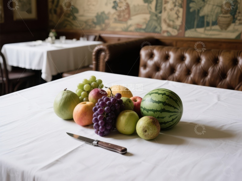 高清大图下载【趣麦麦图】餐桌上的新鲜水果与刀具