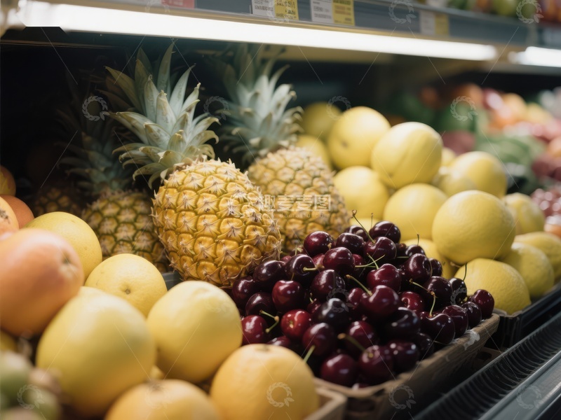 高清大图下载【趣麦麦图】超市水果陈列：菠萝、樱桃与柚子